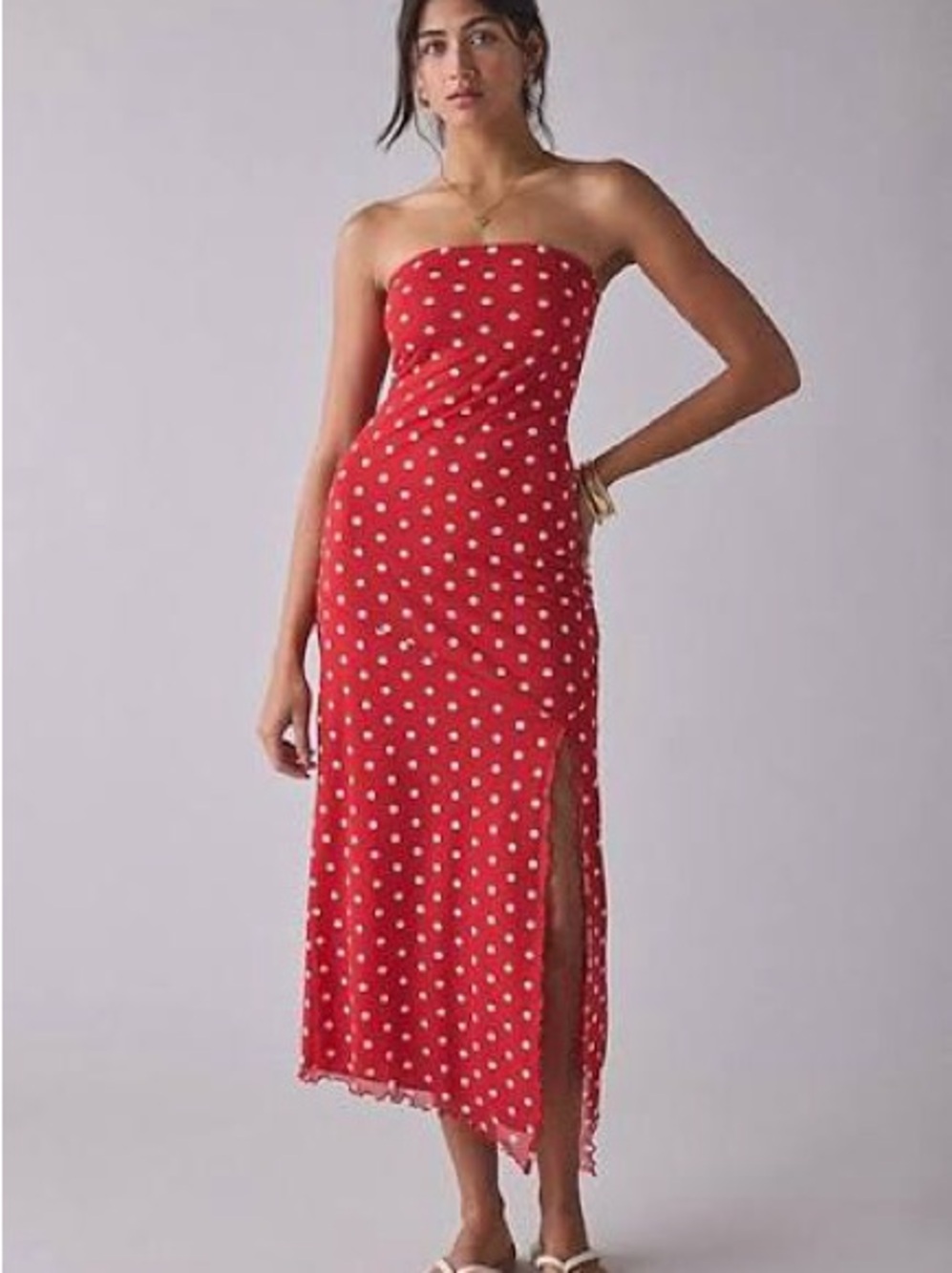 Urban Outfitters Strapless Red Polka Dot Midi Dress - size M